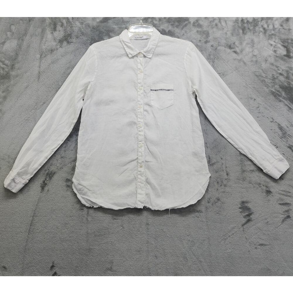 Stateside Top Womens M White Blue Detail 100% Linen Long Sleeve Raw Hem Pocket